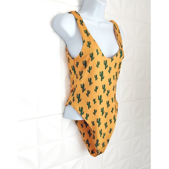 Saguaro Cactus Swimsuit Bodysuit Mustard Yellow High Leg One Piece 8 - Picture 2 of 9
